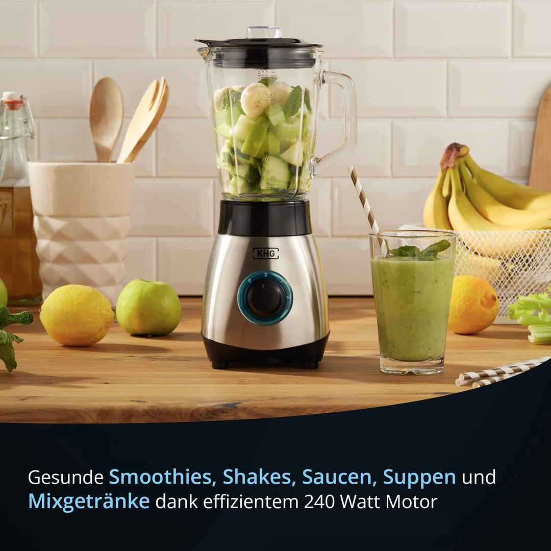 KHG Mini Standmixer 250 Watt mit 0,8 Liter Glasbehälter, Edelstahl | 4-fache 3D Edelstahlklingen, 2