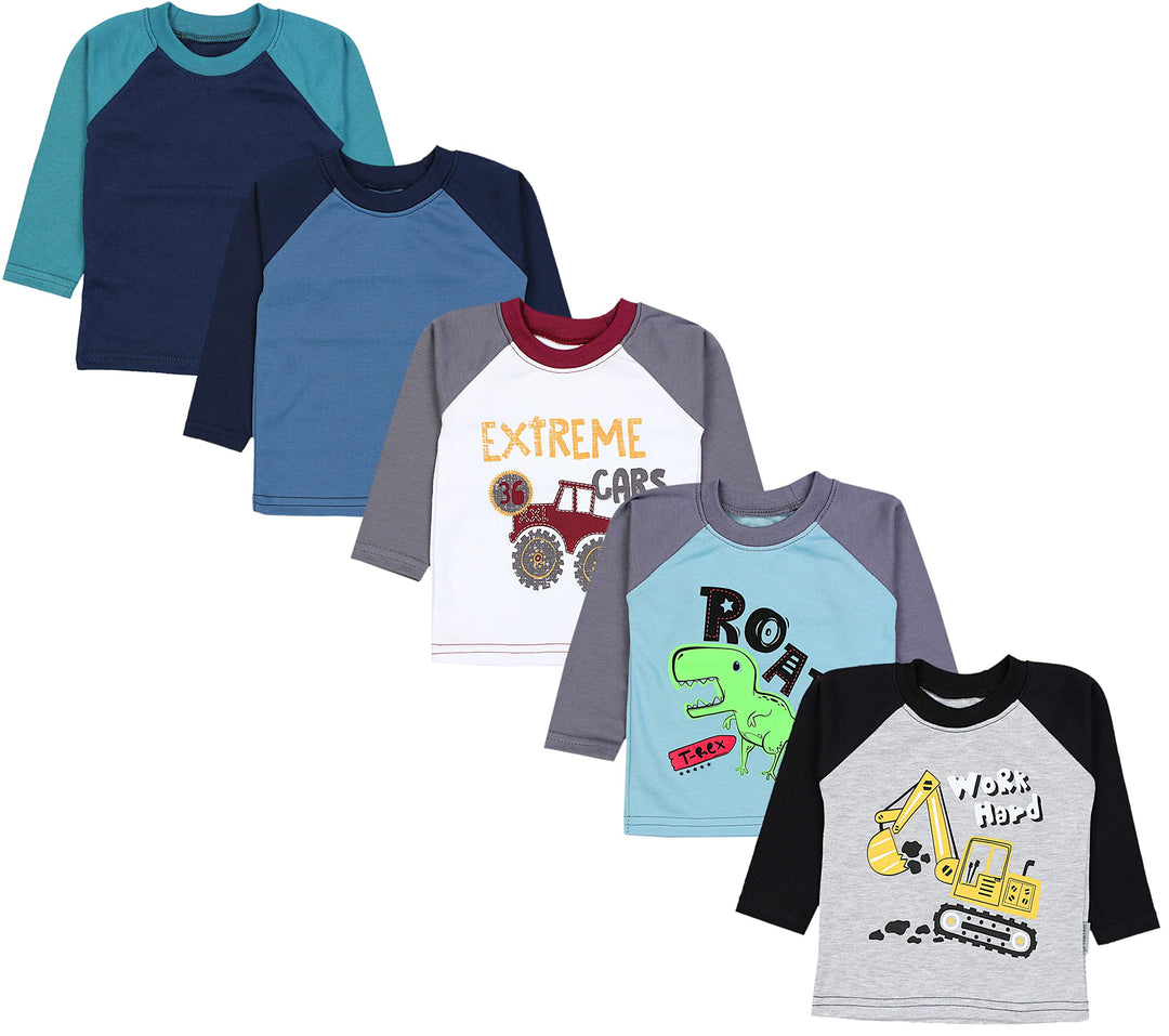 TupTam Baby Jungen Langarmshirt Gestreift 5er Set 62 Bagger Monster Tuck Dino Grau Blau Grün, 62 Bag