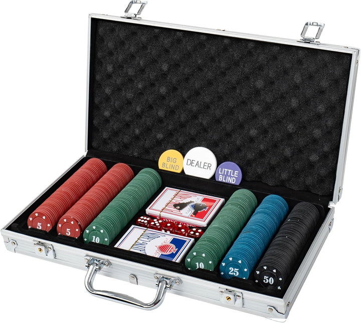 H&F Heimtextilien Pokerkoffer Set 300 Chips mit Kartenmischer – Komplettes Poker Spielset mit Karten