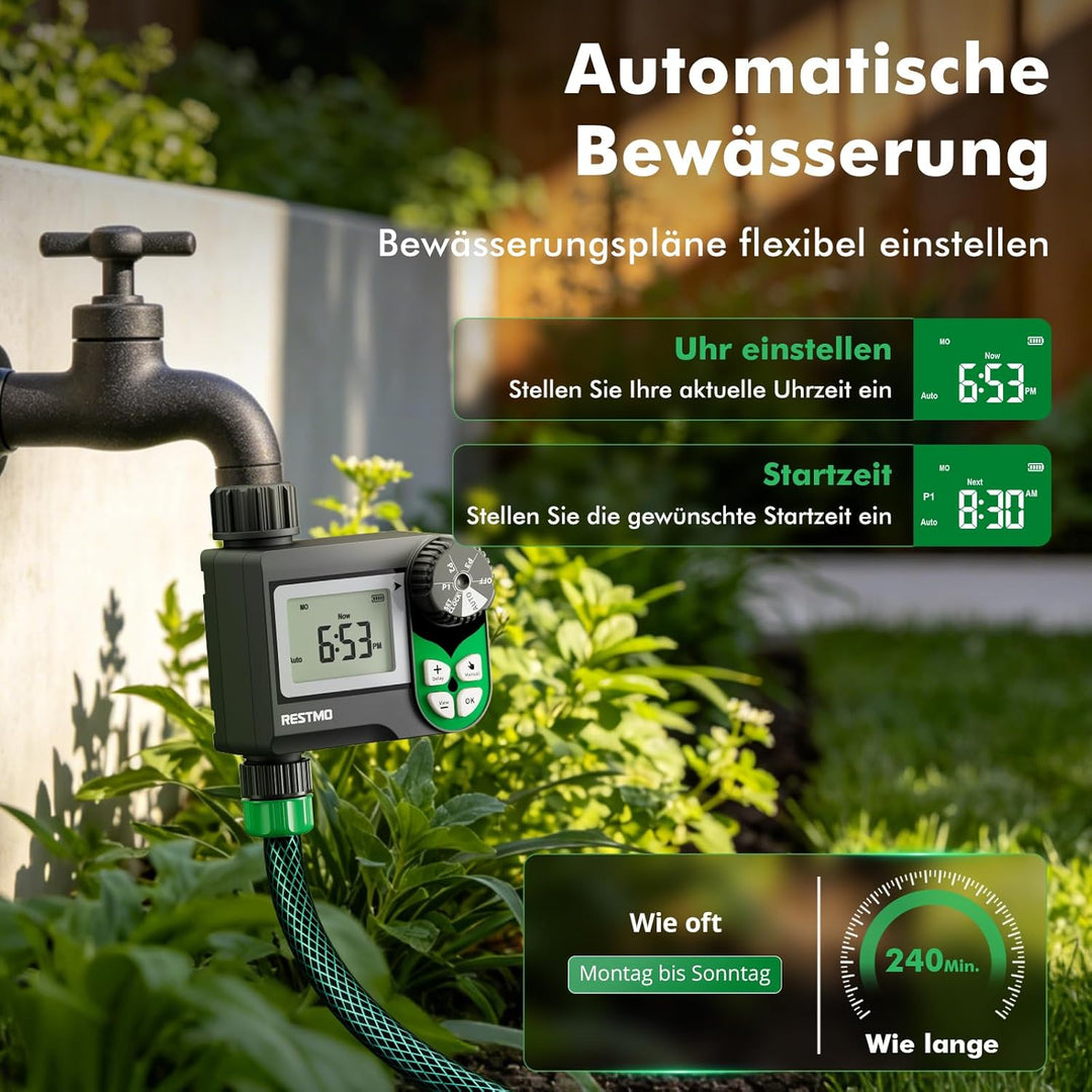 RESTMO Bewässerungscomputer mit druckverlustfreiem Kugelhahn (0-120 PSI), Wochen-Programm (3 Pläne)