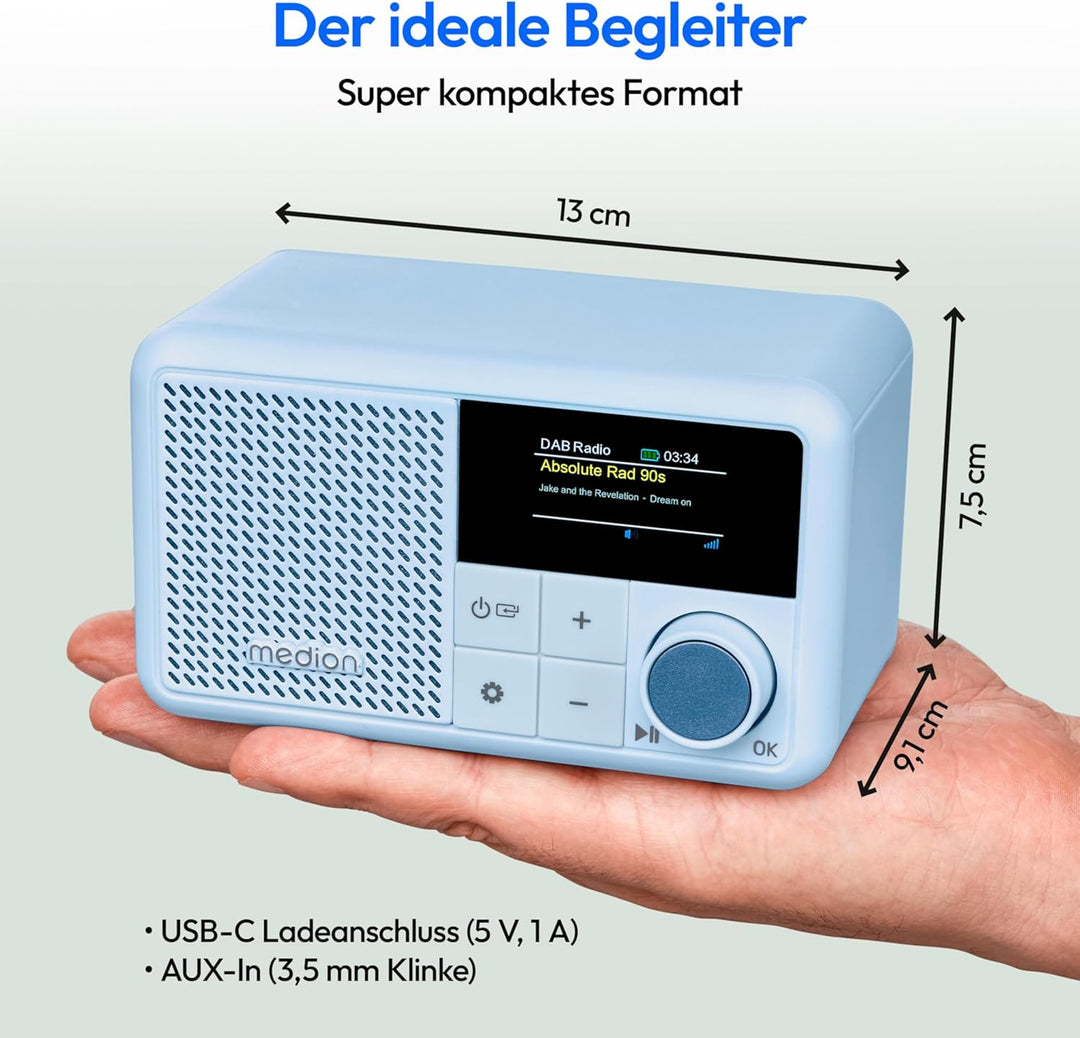 MEDION S66822 Tragbares Mini DAB+ Radio mit Bluetooth (Akku, dimmbares Farbdisplay, Teleskopantenne,