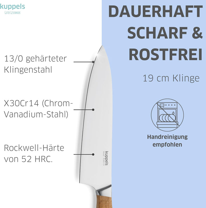 Kuppels Kochmesser WOOD | Klingenlänge 19 cm | scharfes Küchenmesser mit Akazienholzgriff | Klinge a