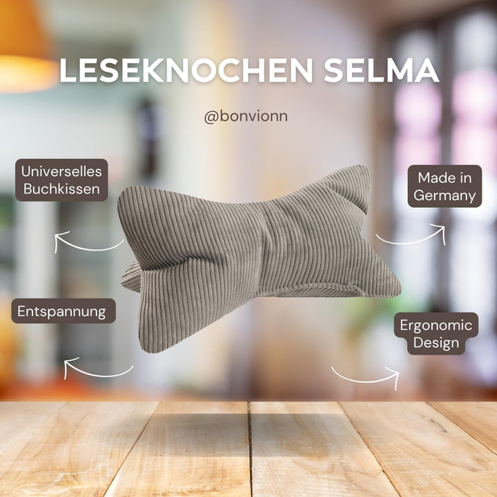 Leseknochen Selma Cord Look ergonomische Form für Nacken- oder Lendenstütze Flexible Stütze für Büch