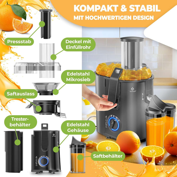 KESSER® Entsafter für Obst und Gemüse aus Edelstahl 1100W grosse 85 mm Einfüllöffnung inkl. Reinigun