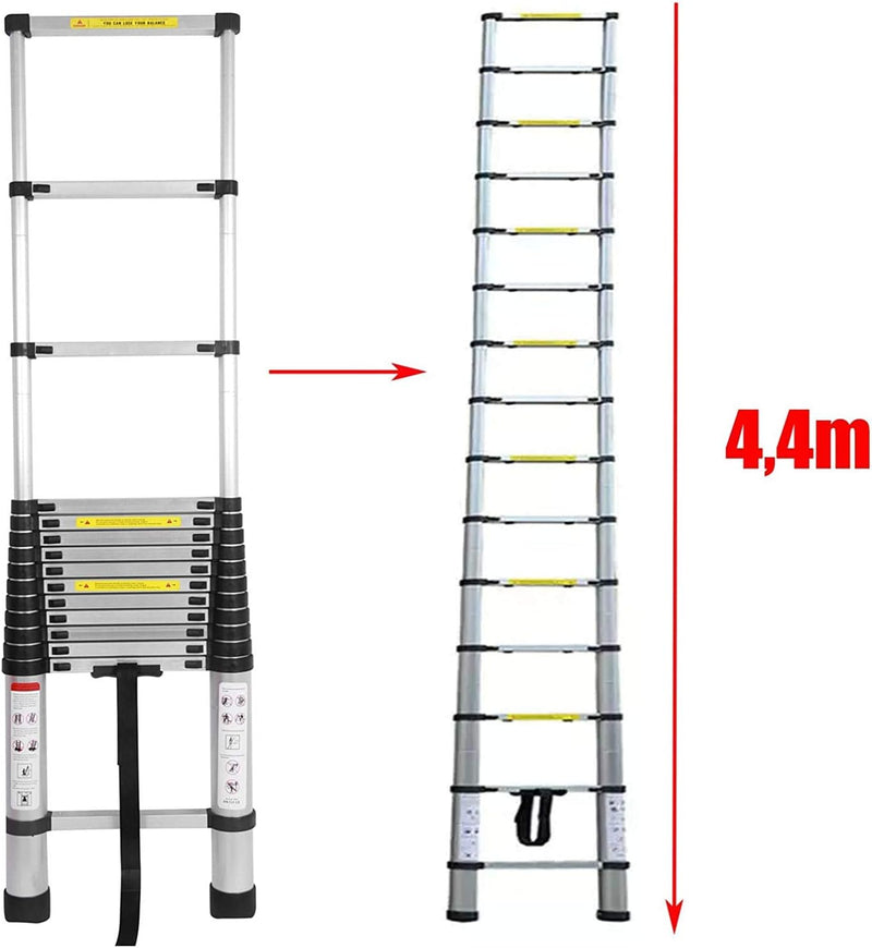 4.4M Alu Teleskopleiter, Ausziehbare Leiter, Klappleiter Stehleiter Rutschfester, Ausziehleiter Mehr