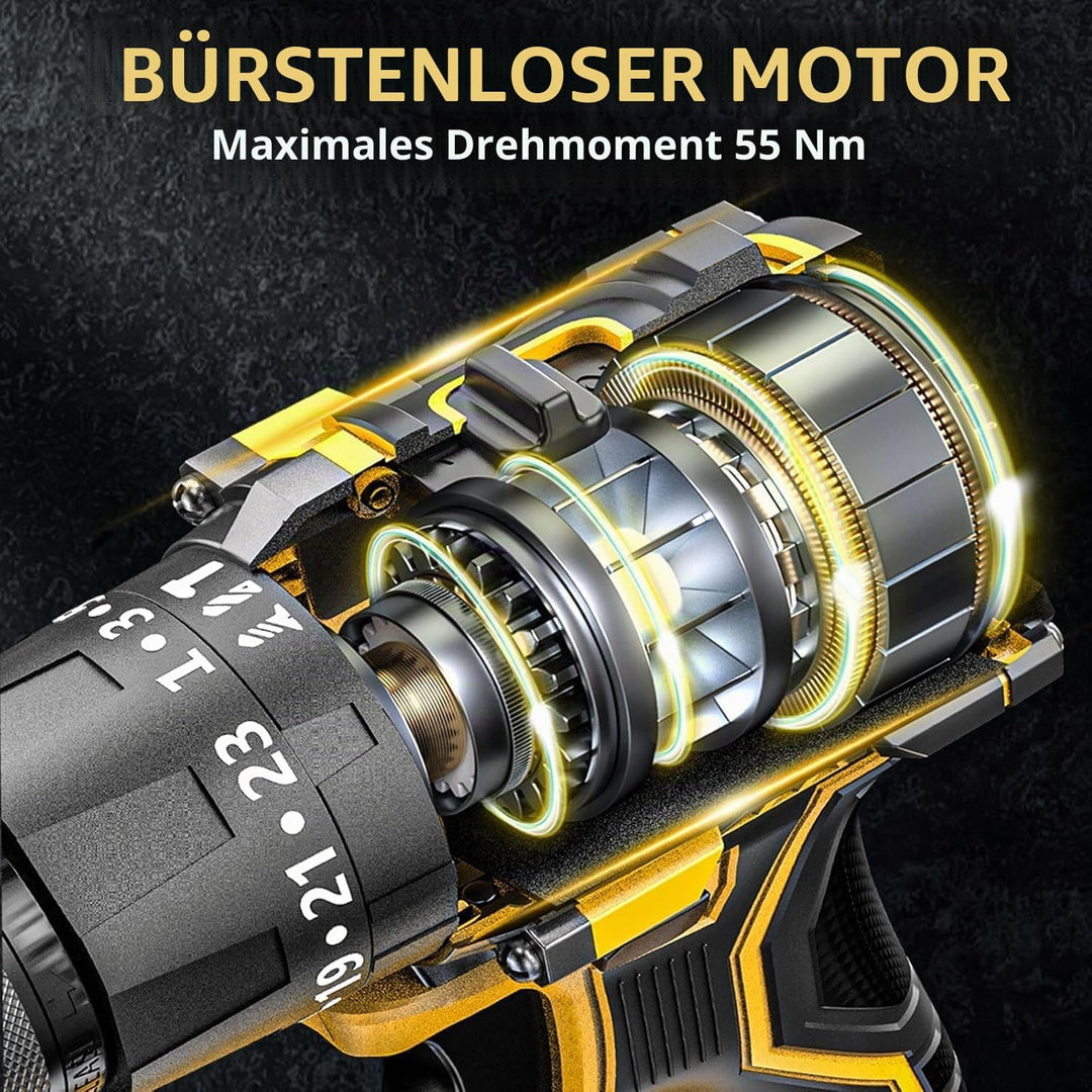 Akkuschrauber,21V Akku Bohrschrauber Set mit 2 Akkus 2.0Ah,Akkubohrer 55Nm Drehmoment,23+3 Drehmomen