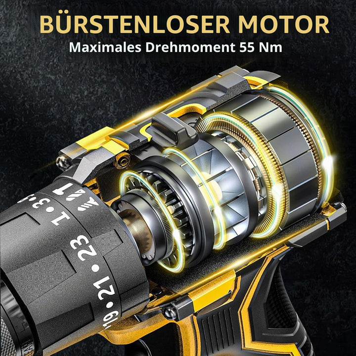 Akkuschrauber,21V Akku Bohrschrauber Set mit 2 Akkus 2.0Ah,Akkubohrer 55Nm Drehmoment,23+3 Drehmomen