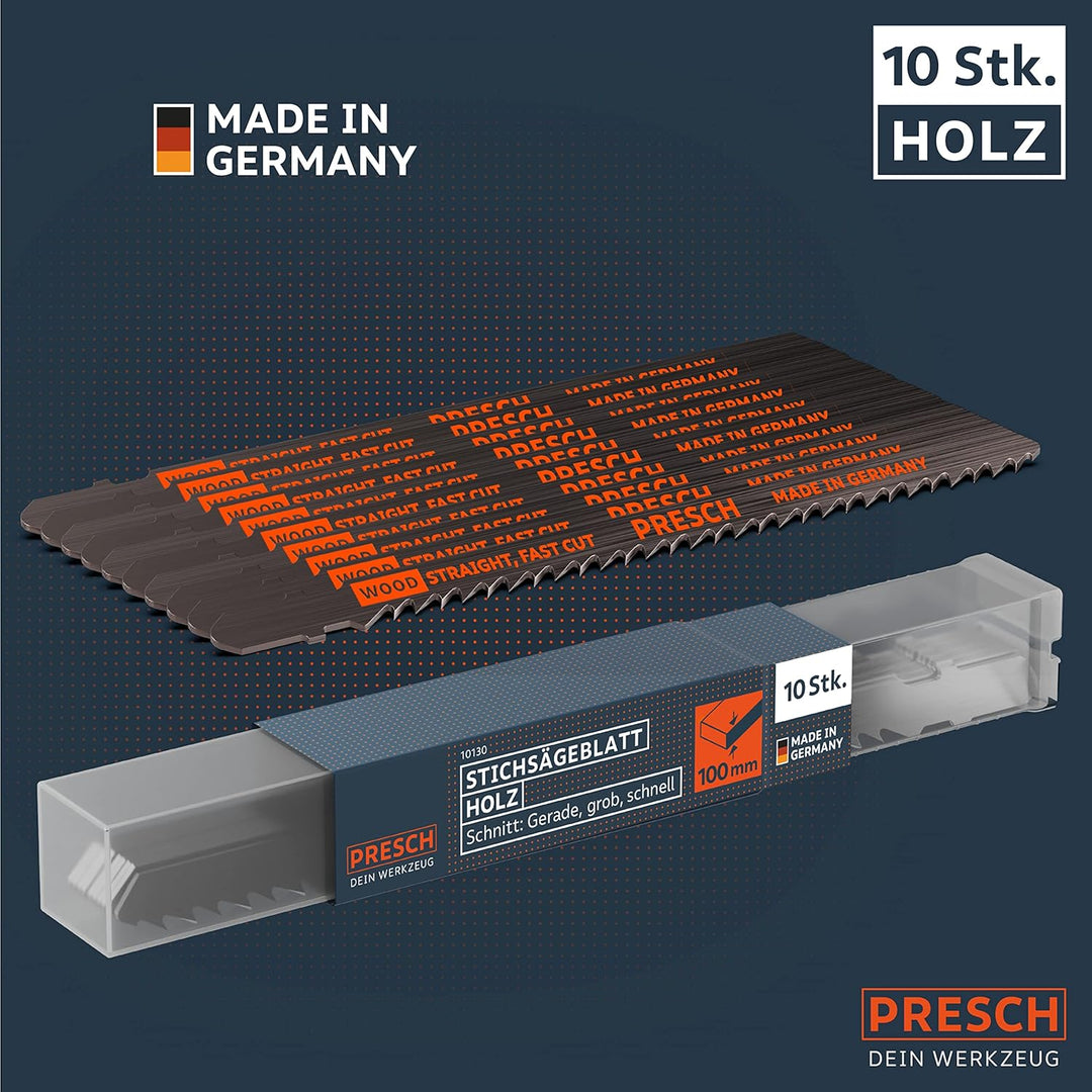 Presch Stichsägeblätter Holz 10 Stk. (Lang) - Extrem schneller, gerader Schnitt (5-100mm) - Profi St