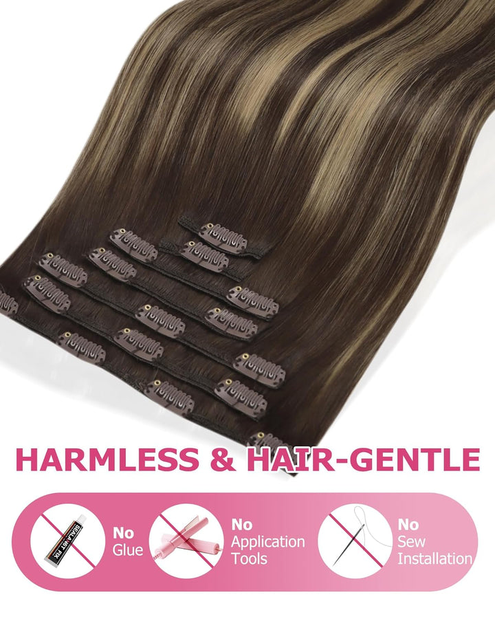 YoungSee Clip in Extensions Echthaar Ombre 30cm Echthaar Extensions Clip Dunkelbraun Balayage Karame