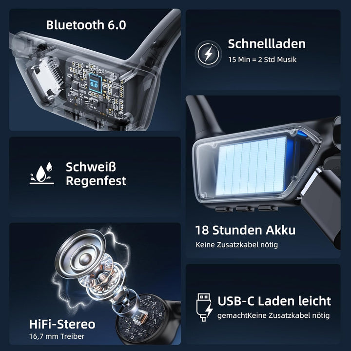 HIFI WALKER Knochenschall Kopfhörer Bluetooth 6.0, Open Ear Kopfhörer Bone Conduction Headphones, 18