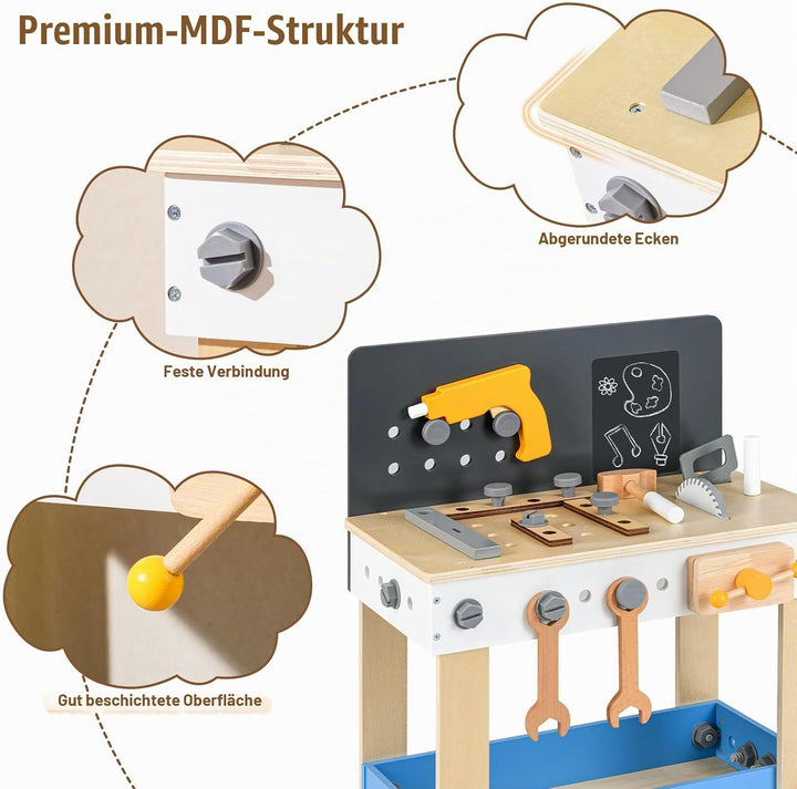 HOMASIS Werkzeugbank Kinder, Werkbank Spielwerkbank Holz, Werkstatt mit 50 TLG. Zubehör &amp; Tafel &amp; Ar
