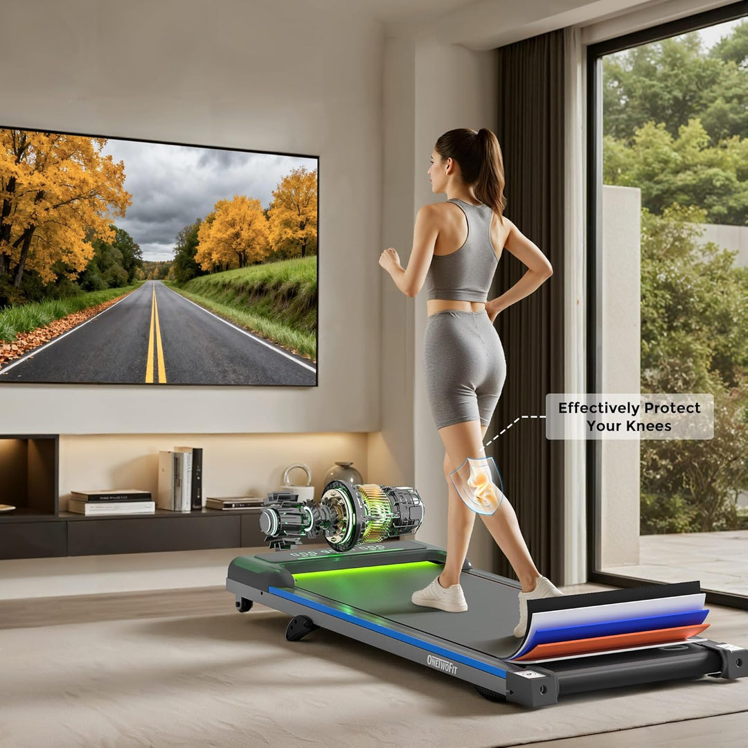 ONETWOFIT Laufband für Zuhause mit RGB Lichter, Walking Pad klappbar Leise mit Fernbedienung, App-St