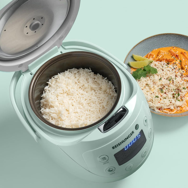 REISHUNGER Digitaler Reiskocher klein, bordeaux | 0,6 L bis 3 Personen | Warmhaltefunktion, Timer &amp;