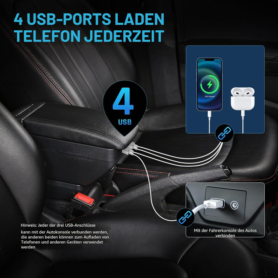 KAERGK Auto Armlehne für Astra H Doppelschicht Mittelkonsole Grosse Aufbewahrungsbox mit 4 USB-Ladea