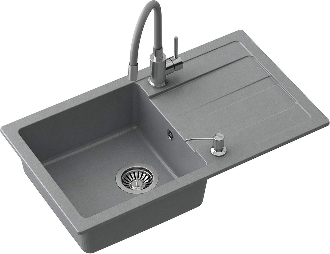 VBChome Spülbecken mit Armatur 77 x 44 cm Grau Granit Einzelbecken Einbauspüle Abtroffläche gesprenk
