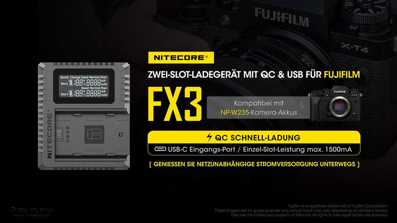 Nitecore FX3 Fujifilm W235 Hour Dual Slot Akku USB Ladegerät Fuji W235, Fuji W235