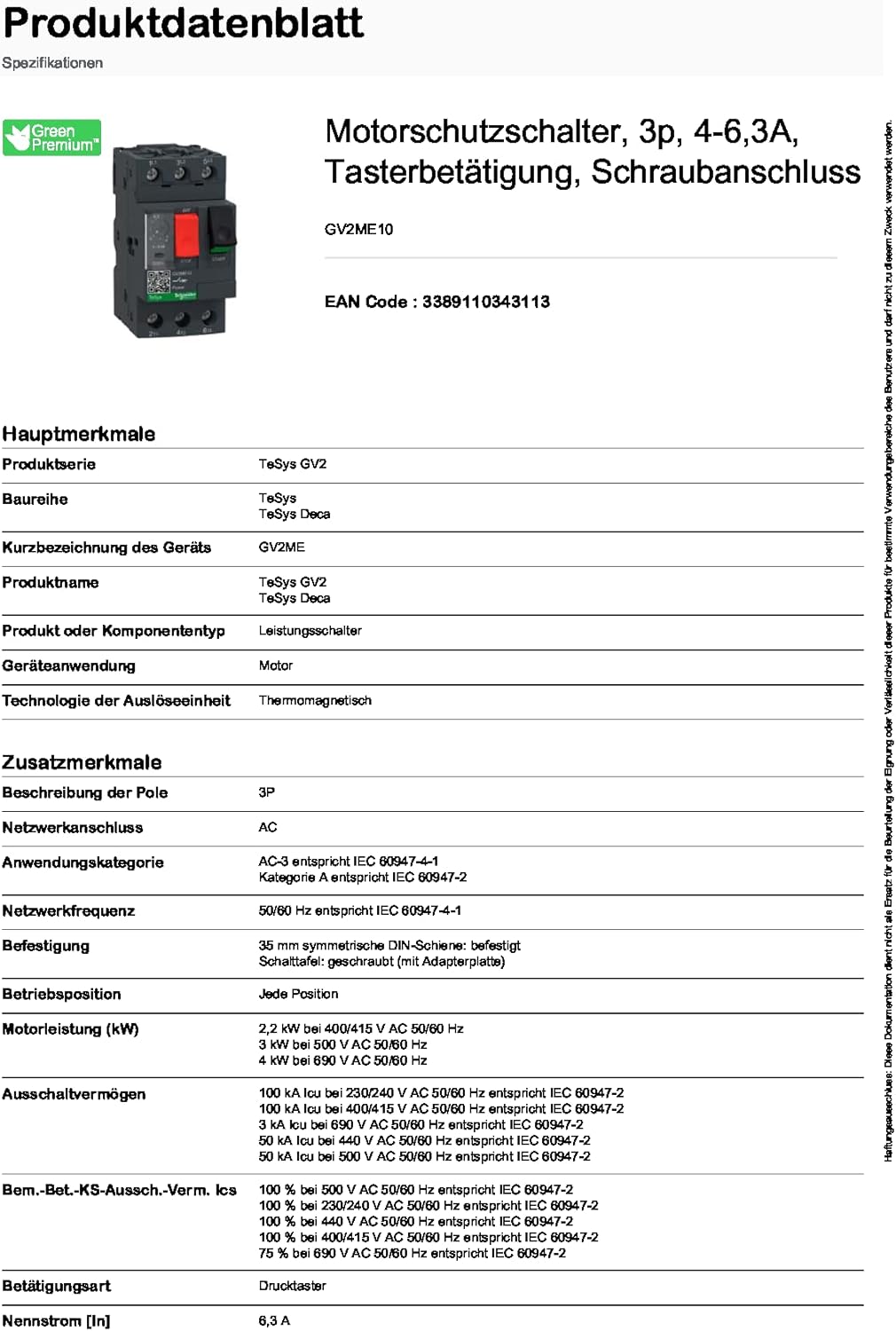 Schneider Electric | GV2ME10 - Motorschutzschalter, 3p, 4-6,3A, Tasterbetätigung, Schraubanschluss -