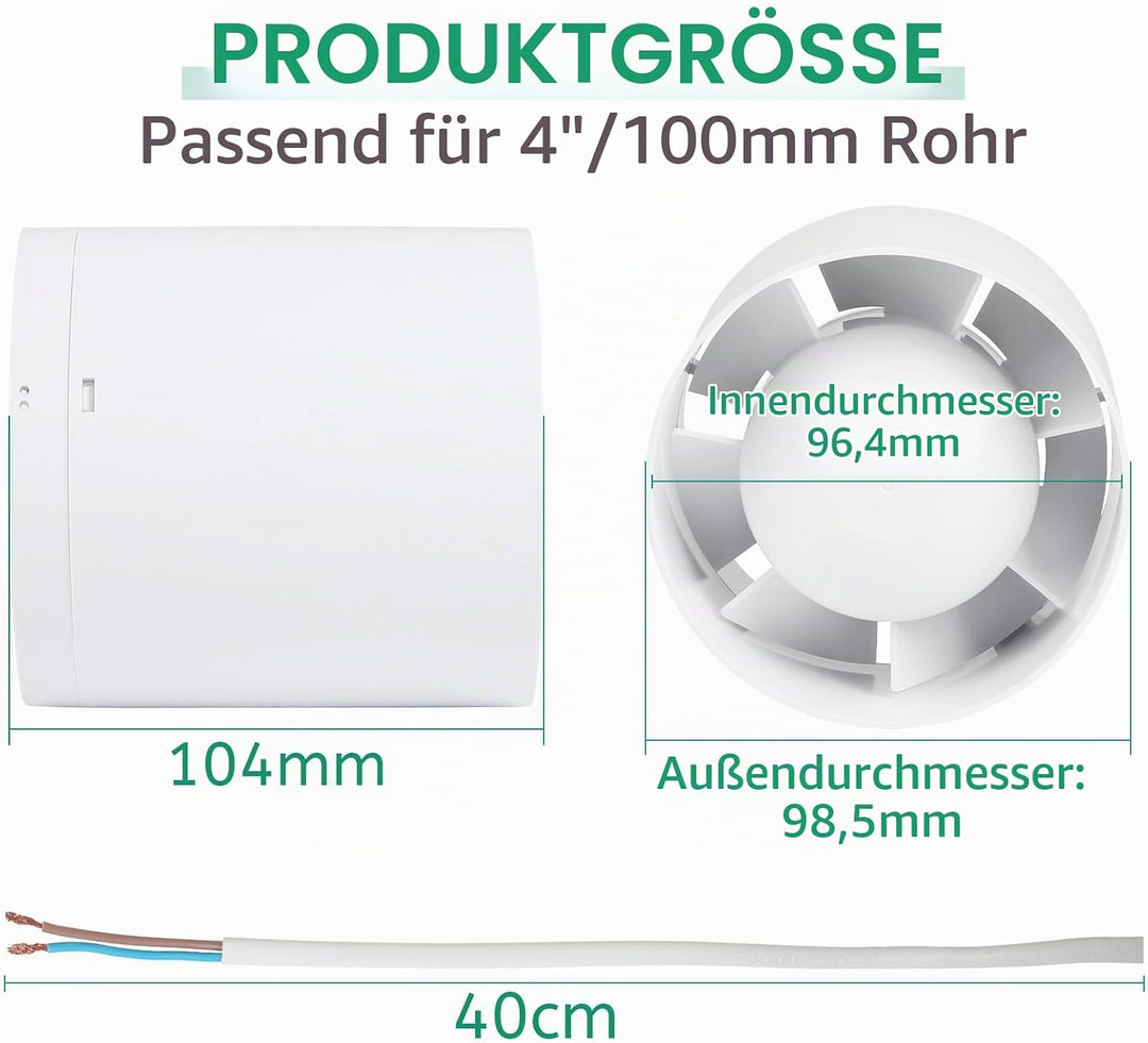 lalago Kanal Rohrventilator 100mm, Inline-Abluftventilator 34dB Leise Weiss, Rohrlüfter mit Rückstau