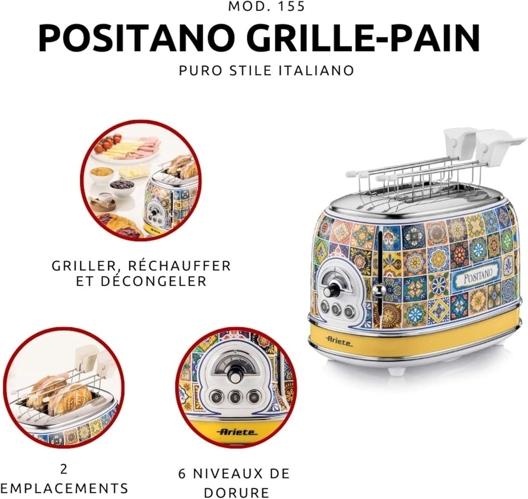 Ariete 155 Toaster Positano, 810 W, 2 Scheiben, 6 Bräunungsstufen, Krümelschublade, Defrost-Funktion
