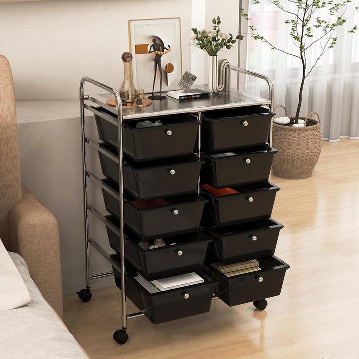 GOPLUS Rollwagen mit 10 Schubladen stapelbar, Rollcontainer mit Ablage & Metallgestell, Badregal, Au