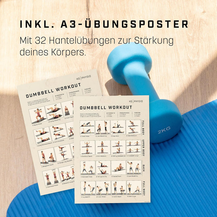 KG Physio Hantelset mit A3-Übungsposter - Neopren Kurzhanteln 2er Set - Fitness Gewichte aus Gusseis
