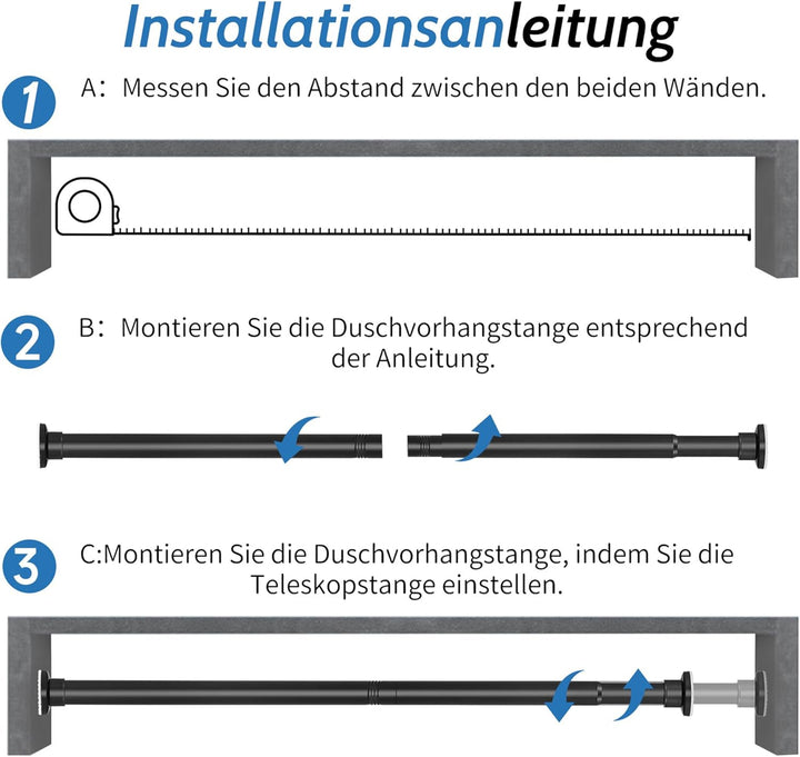 Teleskopstange 70-255CM Ausziehbar Duschvorhangstange Duschstange ohne Bohren Schwarz Klemmstange zu
