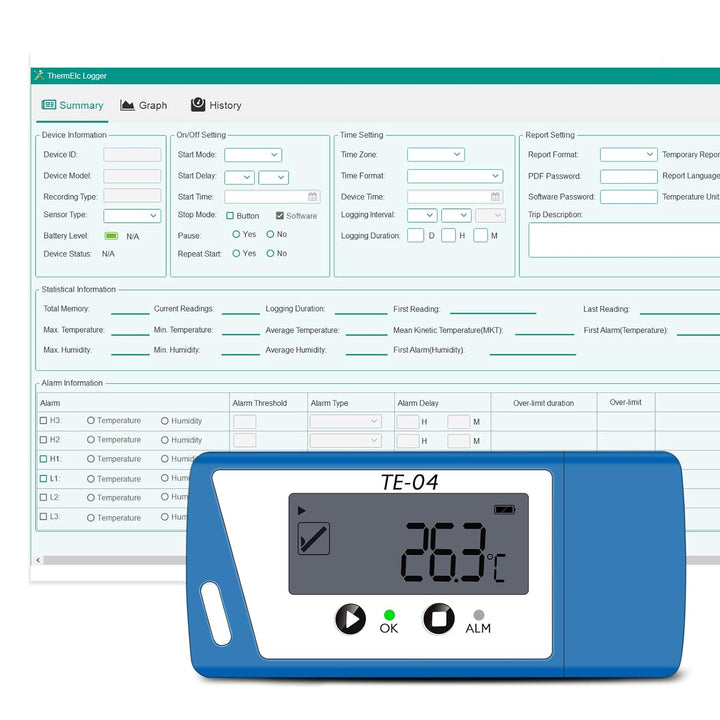 ThermElc Temperaturdatenlogger, Temperaturlogger mit externem Sensor, PDF & EXCEL Bericht, USB Daten
