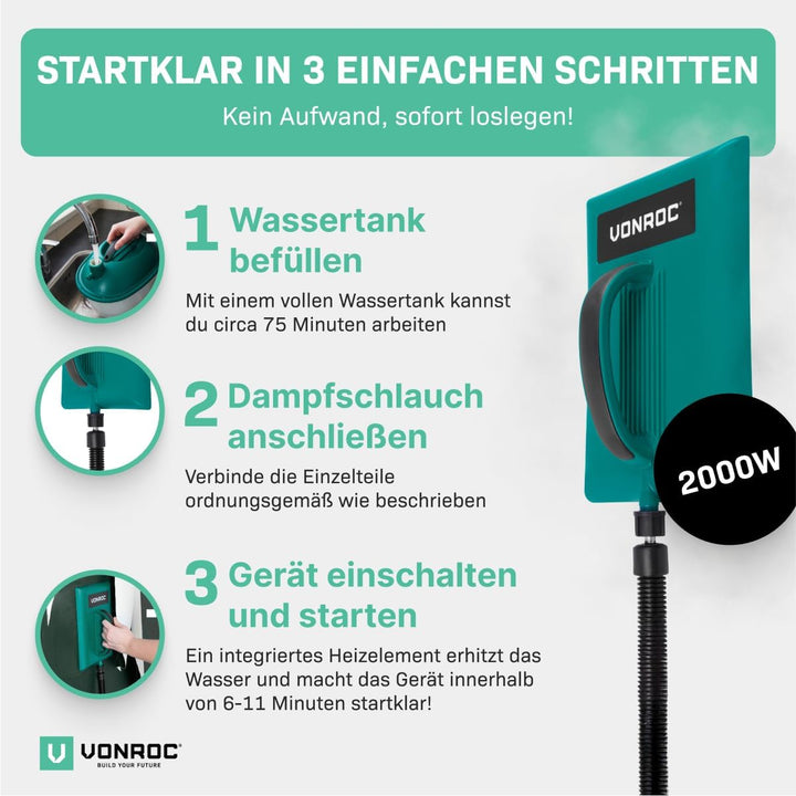 VONROC Dampftapetenablöser 2000W - 4,5L Behälter und 3,5m Dampfschlauch