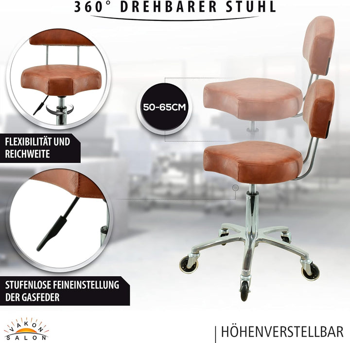 VAKON SALON - Ergonomischer Rollhocker mit Lehne in Hellbraun - Höhenverstellbarer von 50-65 cm - Pr