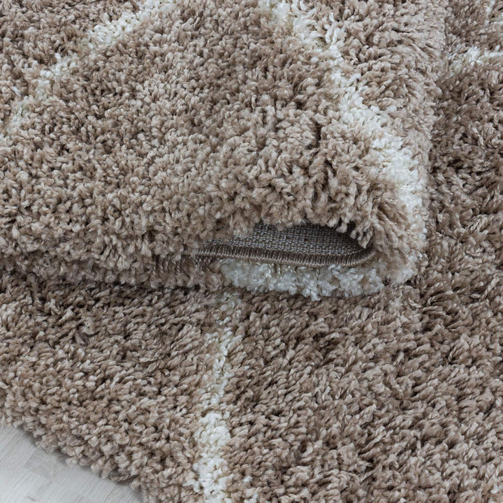 Carpetsale24 Hochflor Teppich Rund 80 cm Beige Modern Skandinavisch Geometrisches Design Shaggy Flau
