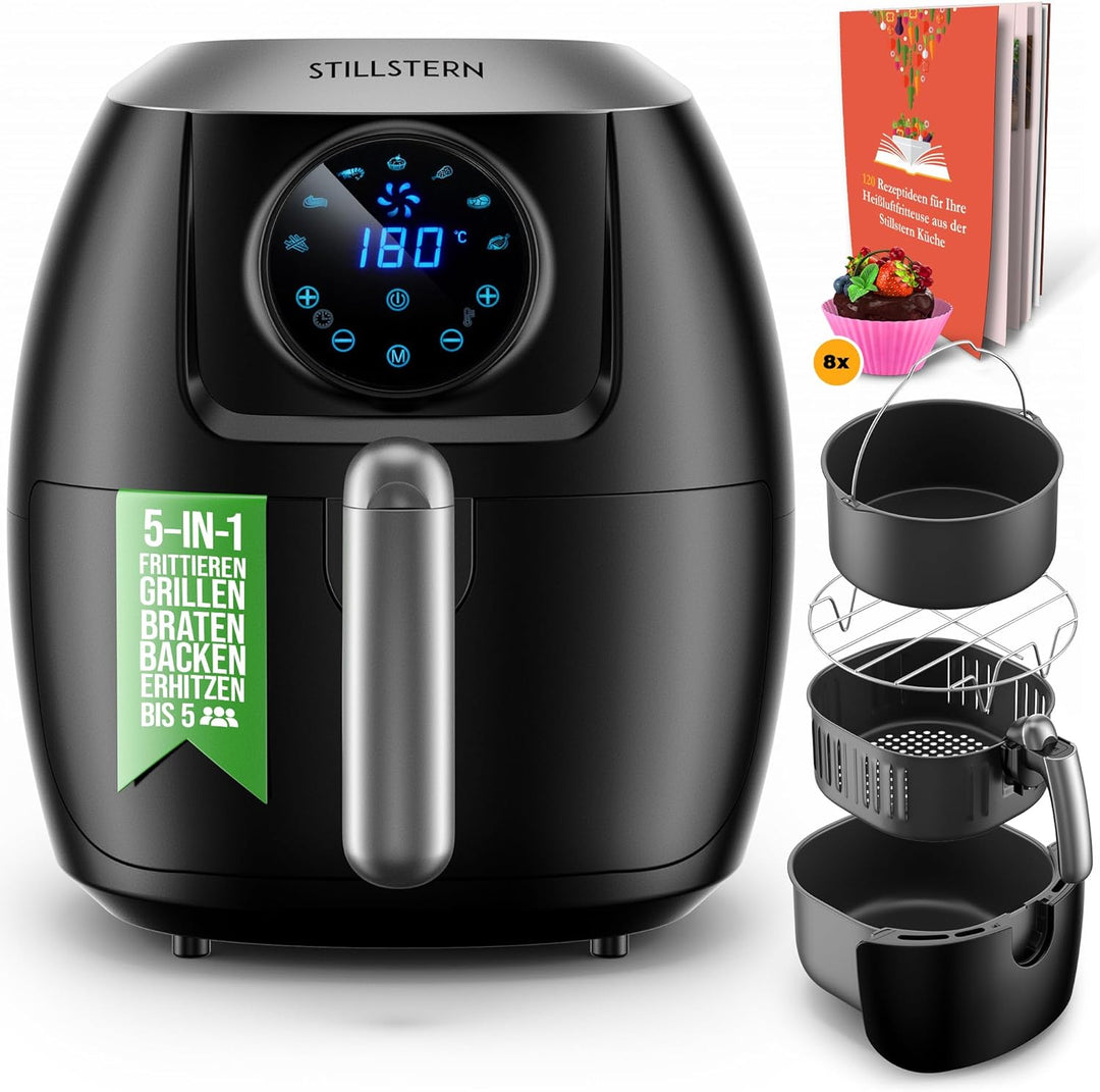 Stillstern Heissluftfritteuse 5L [1800W] mit 7 Programmen (Backen, Pommes, Chicken, Steak UVM.), 120