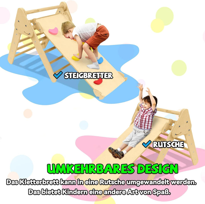Froadp Klettergerüst Indoor 3-in-1 mit Rutsche und Kletterbogen Kletterdreieck aus Naturholz Klappba