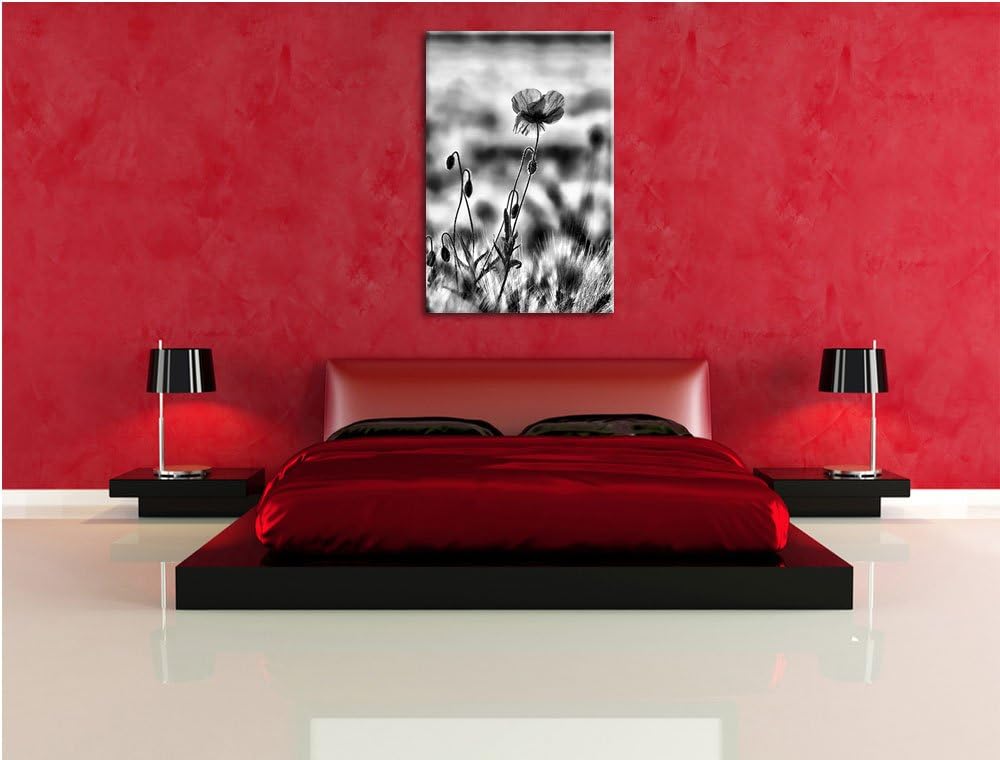 Pixxprint Monocrome, rote Blumen im Feld Tulpen Gemälde, Format: 100x70 auf Leinwand, XXL riesige Bi