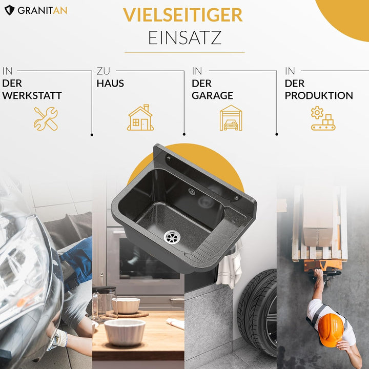 Granitan Ausgussbecken für Garage Keller Werkstatt und Waschküche - Universal Waschtrog mit Siphon -