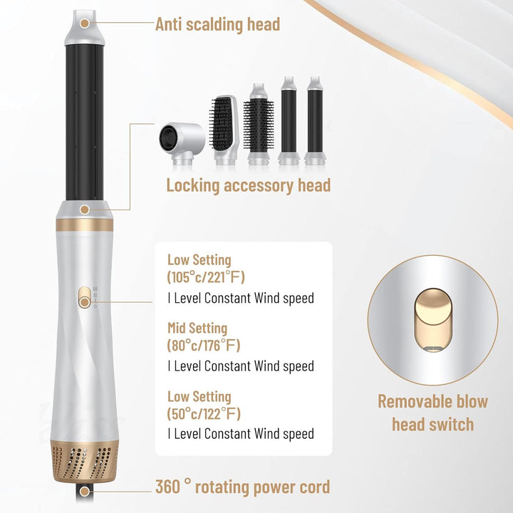 Air Styler Haartrockner 5 in 1, Multifunktionaler Haarstyler mit 5 Zubehörteilen, Haartrockner, Föhn