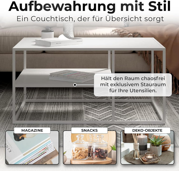[en.casa] Couchtisch Solund Beistelltisch Metall Weiss Wohnzimmertisch mit Stauraum 90 x 60 x 45 cm
