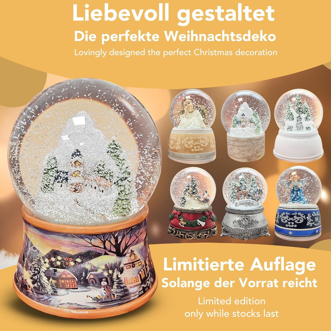 Weihnachts-Schneekugel mit Musik | Schneekugel Berddorf im Winter | Sockel Winterlandschaft braun |