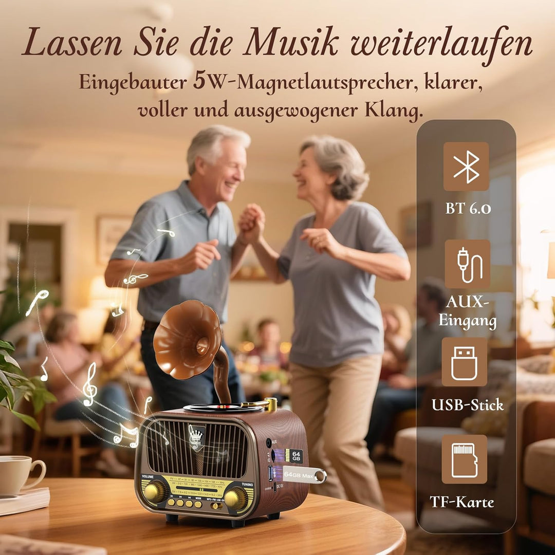 PRUNUS J-190 Retro Radio Klein AM/FM/SW, Nostalgie Radio mit Akku 1800mAh, Kofferradio mit Bluetooth