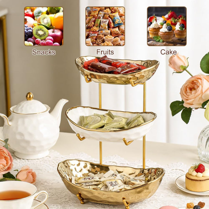3-Schicht Obstschale Keramik mit Metallgestell, Obstschale Etagere, Elegante Etagere zum Servieren v