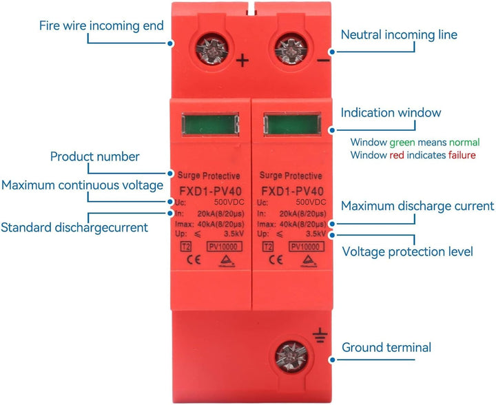 Agatige 2Pcs Überspannungsschutzgeräte, DC-Photovoltaik-Ableiter-Spannungs-Blitzschutz 2P 40KA mit F