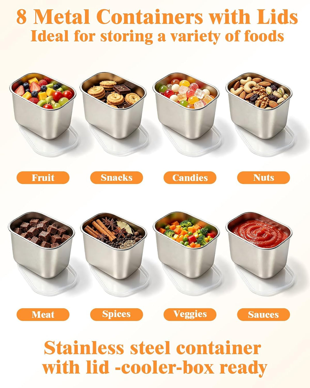 Snackbox mit 8 Fächern Edelstahl, Edelstahl‑Snackdose mit Griff und Deckel Transparent Grösse, Trans