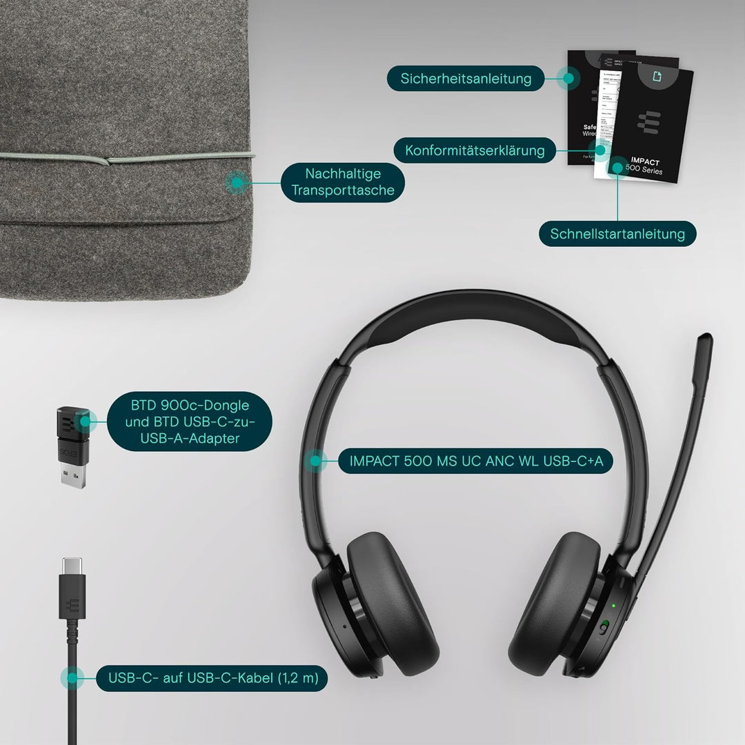 EPOS Impact 500 ANC Kabelloses Headset – Teams Zertifiziert mit USB-C & USB-A Konnektivität – Fortsc