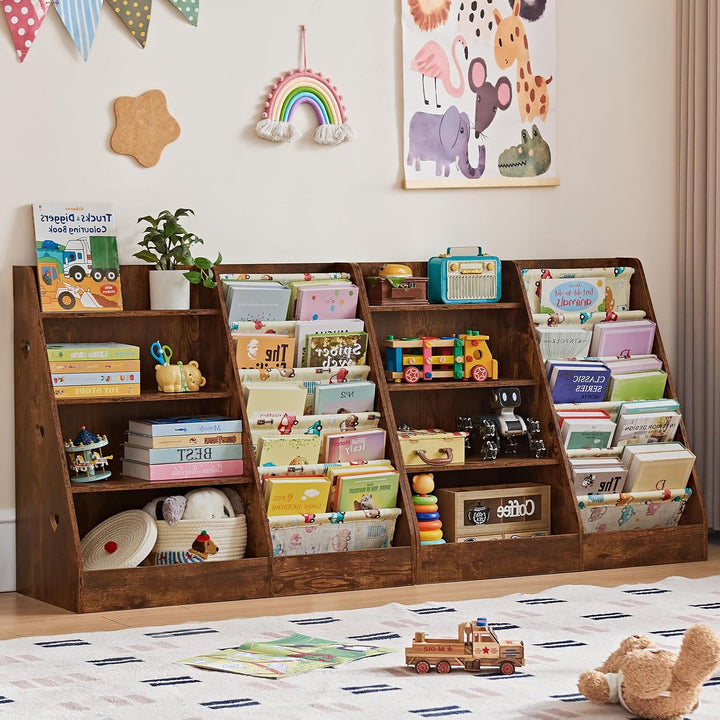 Kinder Bücherregal mit 5 Bücherdisplays und 4 Ablagefächer, Gross Braun Kinderregal Büchergestell fü