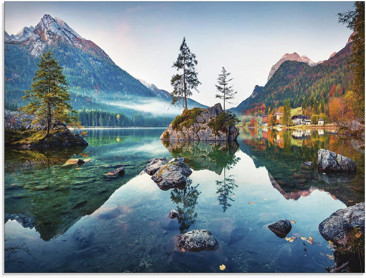 Glasbilder Wandbild Glas Bild einteilig 80x60 cm Querformat Landschaft Alpen Berge See Wald Natur Ge