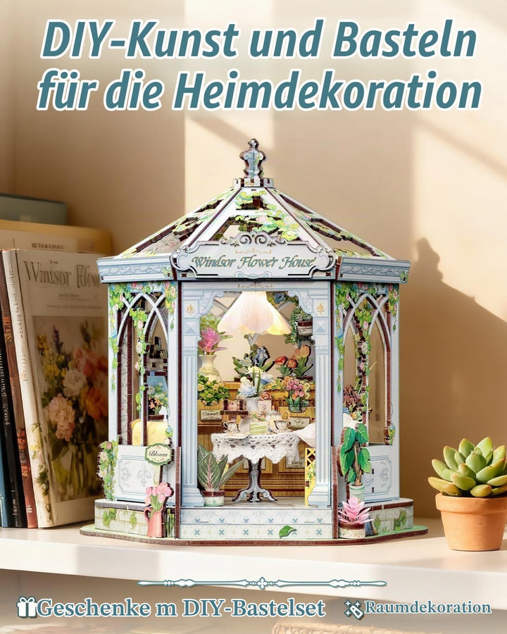 CUTEBEE Europäisch-Retro 3D-Puzzle Book Nook Puppenhaus-Set, eleganter Wintergarten mit Afternoon-Te