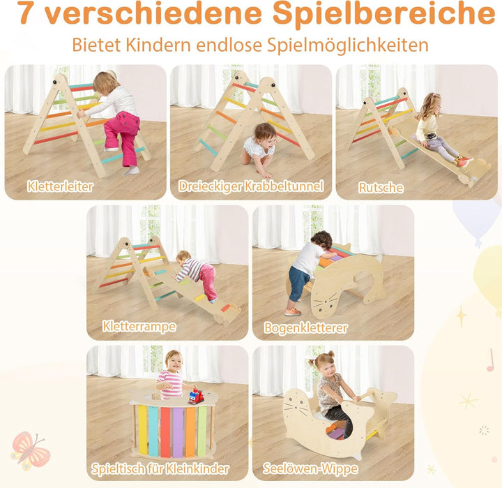 COSTWAY Kletterdreieck mit Rutsche, 7 in 1 Klettergerüst Indoor ab 3 Jahren, Kletterdreieck klappbar