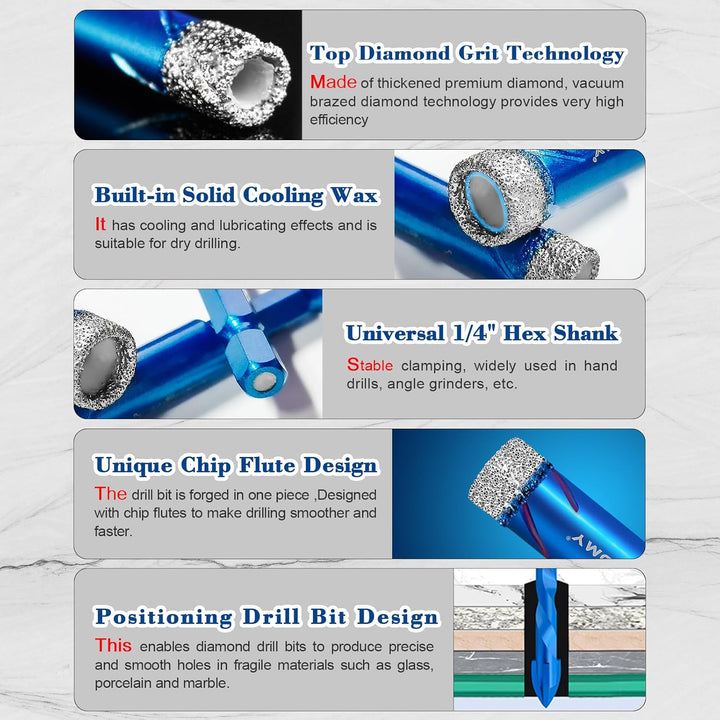 ASNOMY 6-tlg. Diamantbohrer Fliesenbohrer Glasbohrer Set [6, 6, 8, 10, 12mm] mit 6mm Karbid-Anbohrer