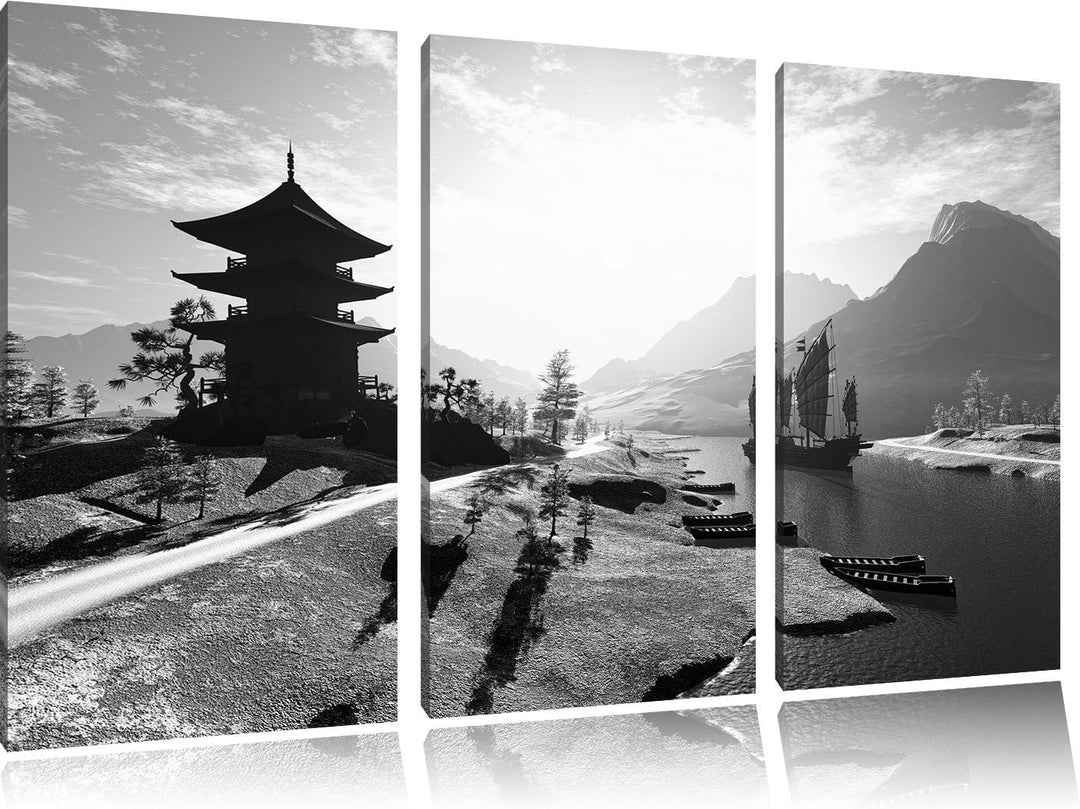 Pixxprint asiatischer Tempel an Fluss als Leinwandbild/Grösse: 3 Teilig (120x80) cm/Wandbild/Kunstdr