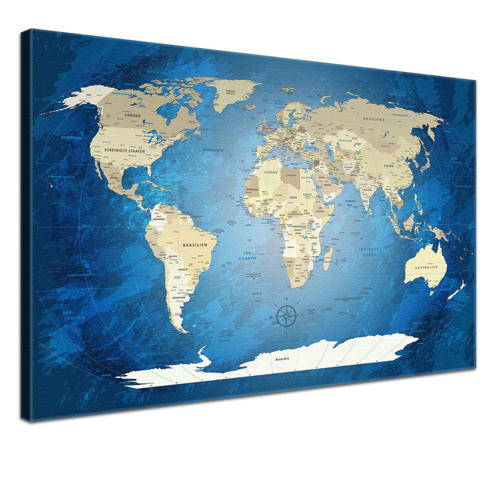 LANA KK Leinwandbild - World Map Blue Ocean - in 100 x 70 cm, einteilig, Premium Qualität, mit Korkr