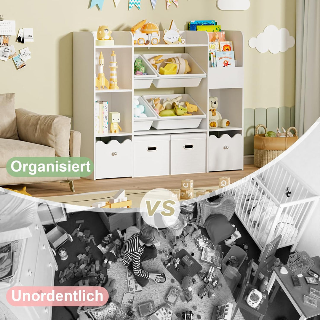 HOMMPA Holz Kinder Bücherregal Kinderregal mit 4 Boxen und Schubladen kommode Kinderzimmer Regal Wei